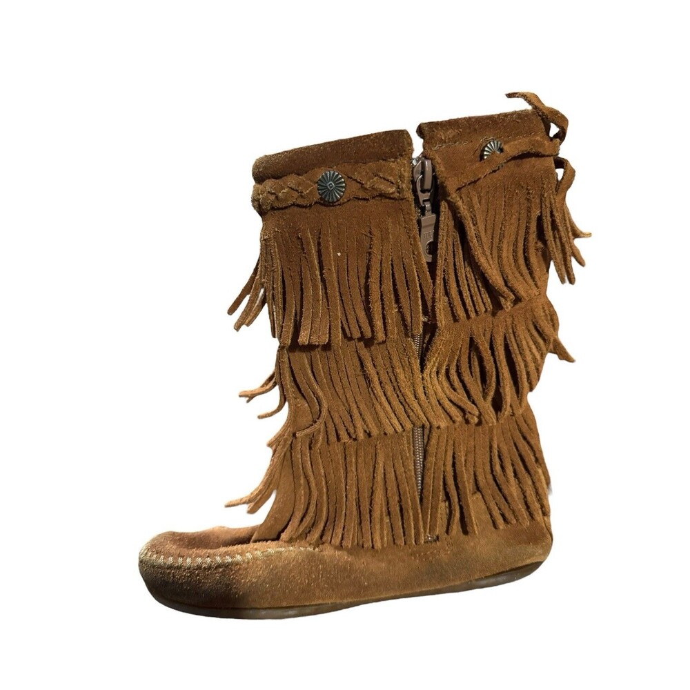 Minnetonka Youth Girls Size 2 Brown Suede Three Layer Fringe Zip Up Boot READ - Picture 5 of 7